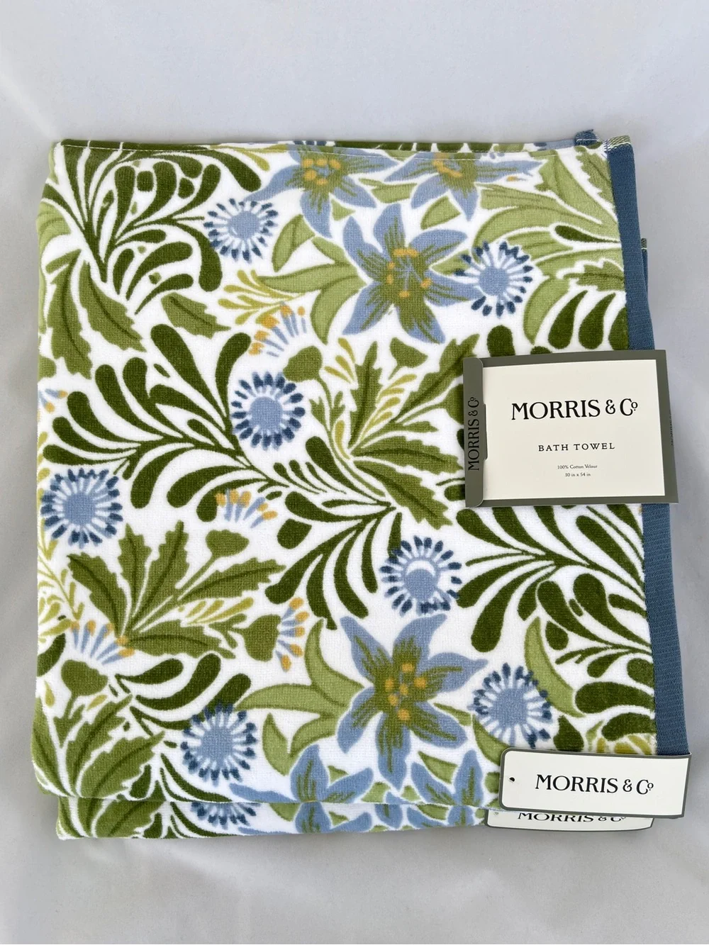 NWT Morris & Co Botanical Cotton Velour Bath Towels Set of 2 Blue Green Floral